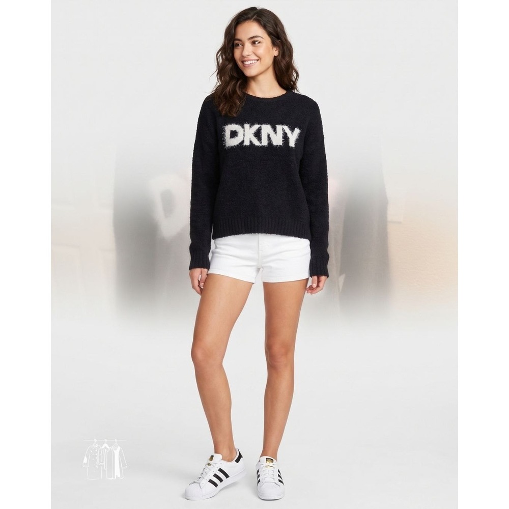 DKNY Jeans Sweater Womens Large Black Excellent Fuzzy Logo Graphic Crewneck Knit